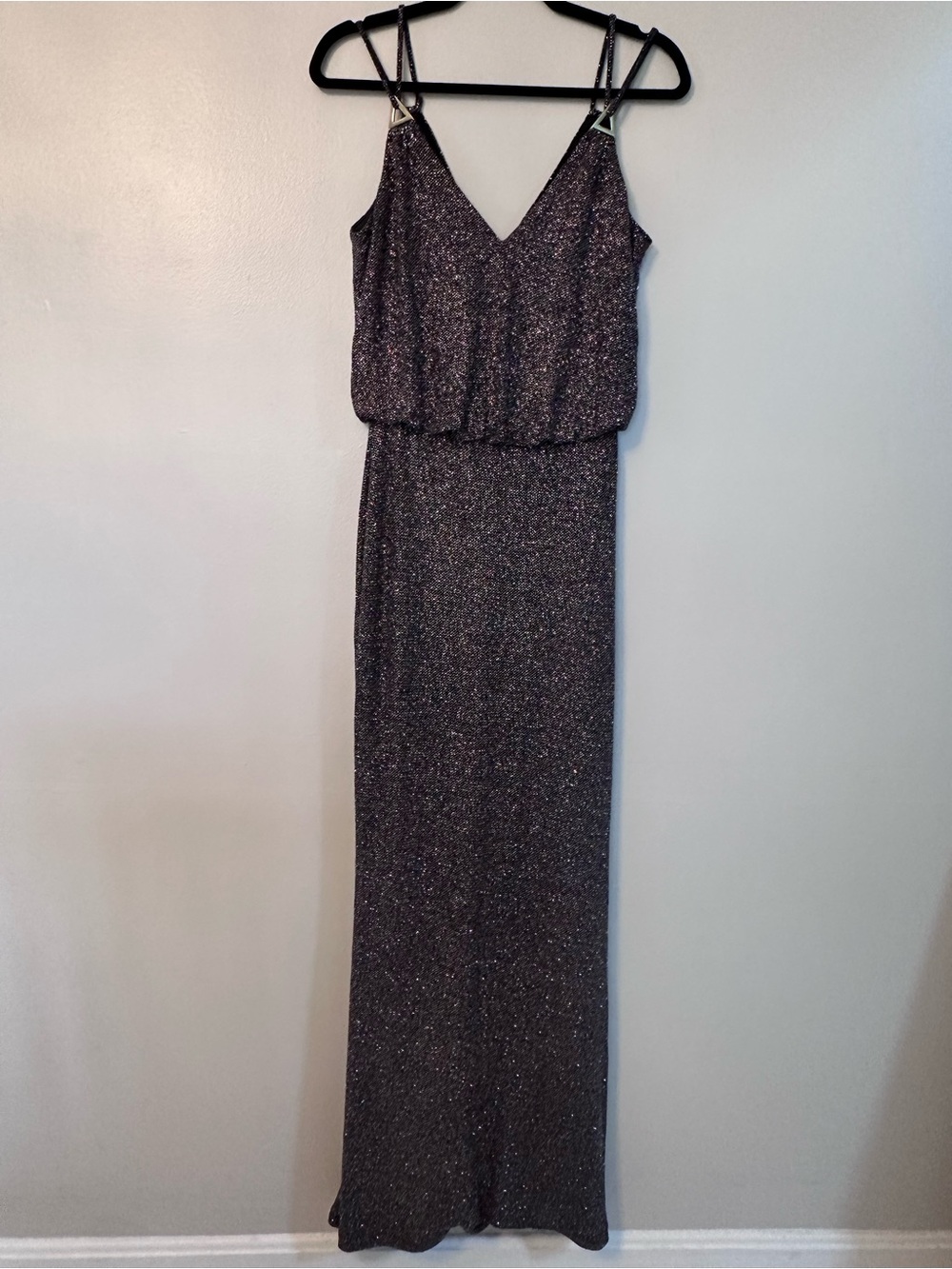 Calvin Klein Sparkle V-Neck Sleeveless Maxi Dress in Metallic Plum Women’s Size6
